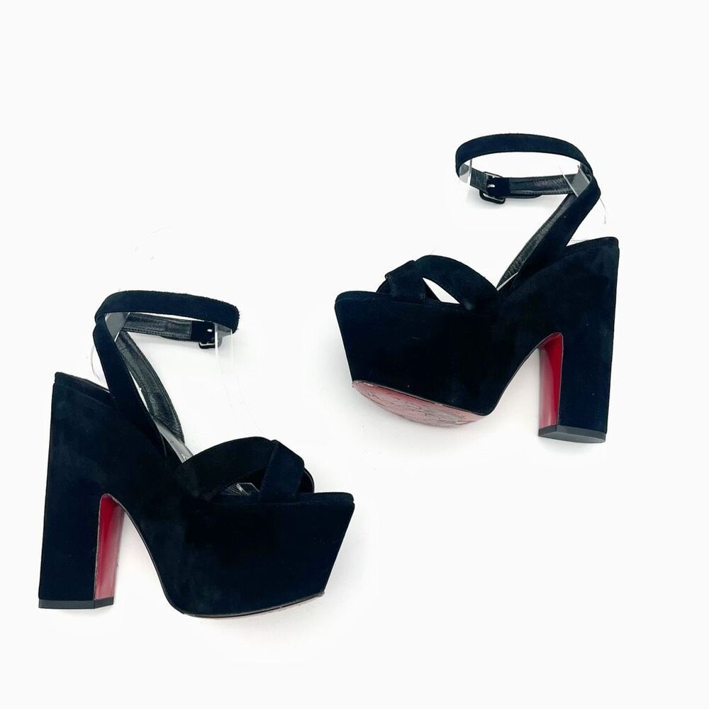 CHRISTIAN LOUBOUTIN Superyaz Platform Heels Size 37.5 Black Suede Ankle Strap - Picture 3 of 12